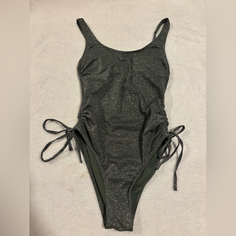 Woman’s small Xhilaration Green sparkling silver Swimsuit with Glitter Trim